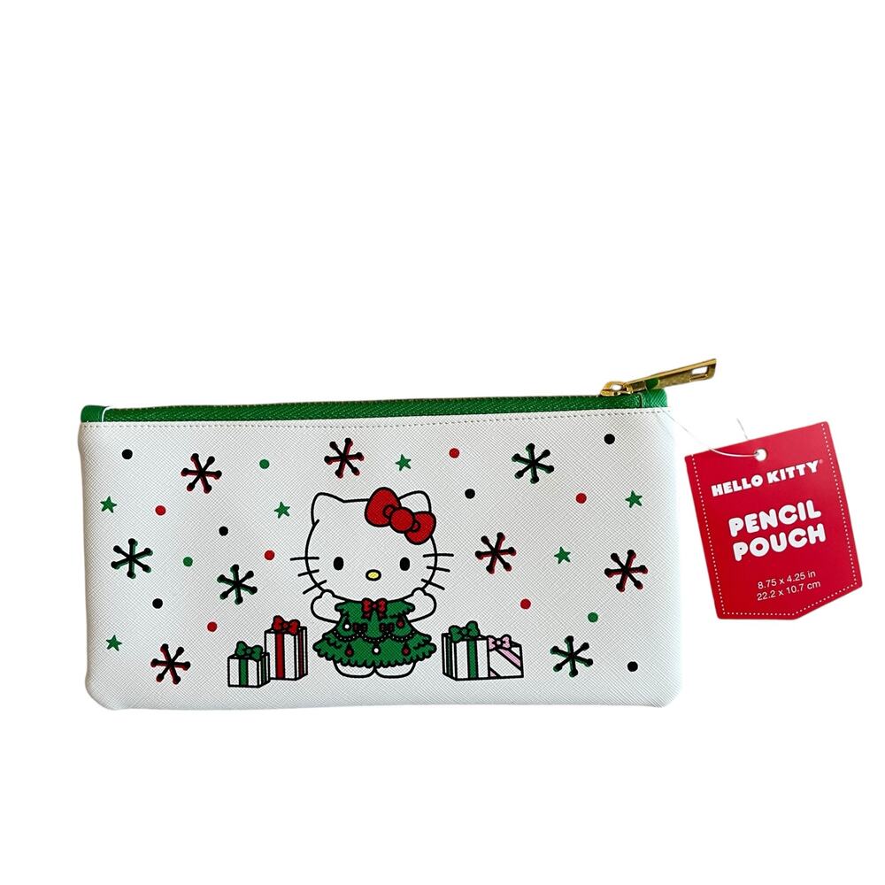 Hello Kitty Christmas Pencil Case Make Up Pouch Holiday Gold Zipper Lined NEW